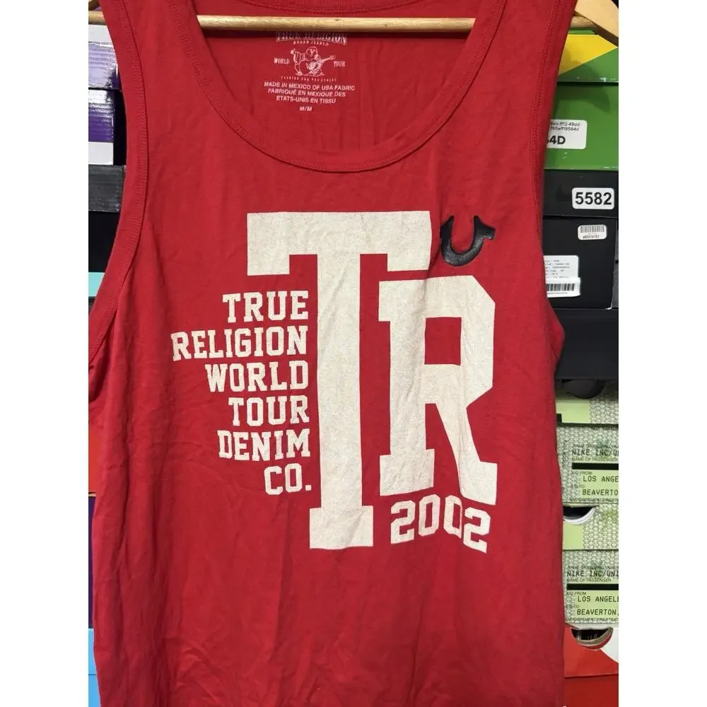 TRUE RELIGION MUSCLE TANK TEE TOP BLACK RED BUDDHA MEN MEDIUM
